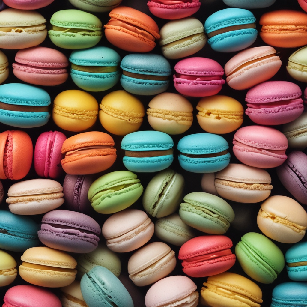 Assorted colorful macarons stacked neatly